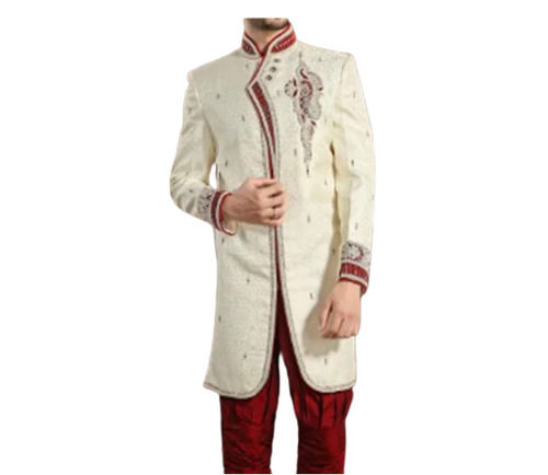 White Full Sleeves Cotton Fabric Embroidered Men Sherwani For Groom