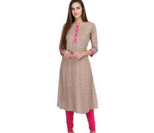 Black Womens Trendy Round Collar Neck 3/4Th Sleeves Printed Rayon A-Line Kurti For Casual Wear