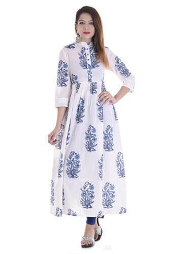 High-Quality Skin-Friendly 3/4 Sleeves Cotton Fabric White and Blue Hand Block Printed Kurti