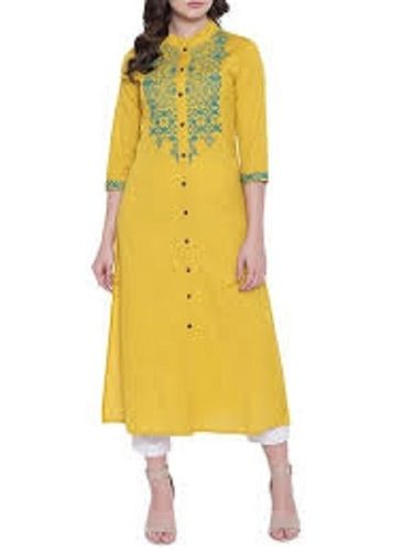 Ladies Round Collar Neck Button Closure A-Line Embroidered Cotton Kurti For Formal Wear