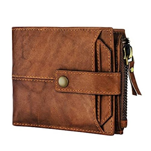 Mens Brown Formal Leather Wallet With Button And Zipper Closure