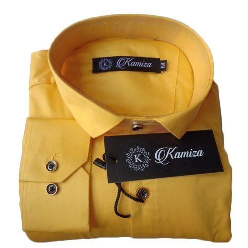 Mens Wrinkle Free Full Sleeve Plain Yellow Casual Collar Neck Cotton Shirt For Men