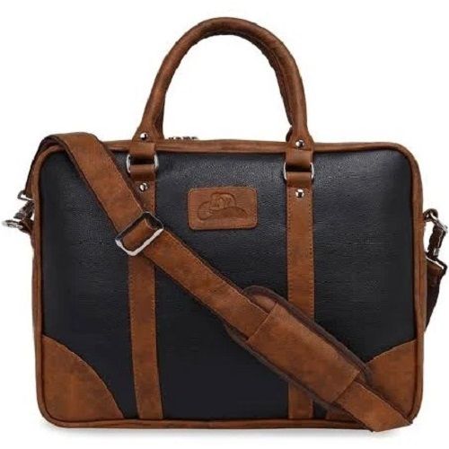 Strong And Durable Brown And Black Polyester Lining Leather Laptop Office Handbag