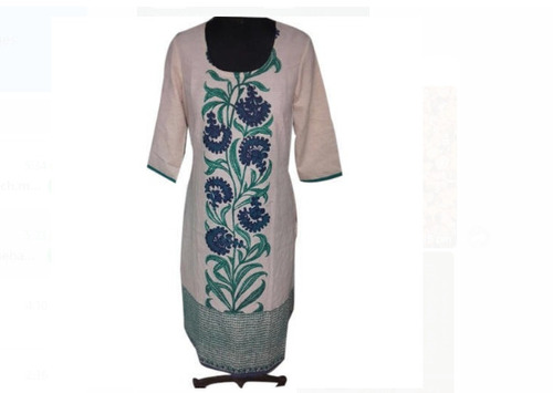 Washable And Comfortable Short Sleeve Cream Printed Pattern Ladies Cotton Kurti