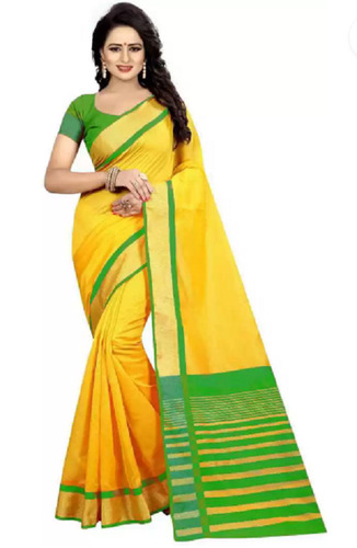 Yellow And Green Light Weight And Comfortable Banarasi Saree With Blouse Piece