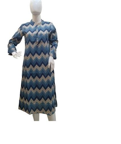 Blue And Cream Full Sleeves Collar Neck Printed Pattern Cotton Kurta 