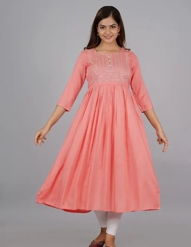 Casual Wear Light Pink Shade Comfortable And Washable Ladies Cotton Kurti - Cotton Blend, Bust Size: 35-36 Inch, 3-4th Sleeve, Breathable, Anti Wrinkle, Quick Dry, Embroidered Pattern