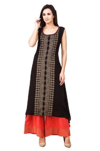 Comfortable And Washable Casual Wear Black Cotton A-Line Kurti With Palazzo