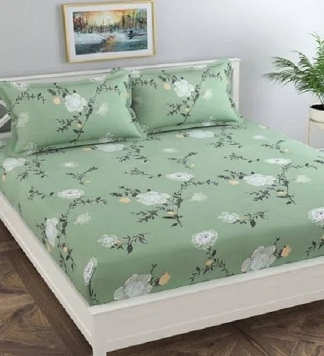 Cotton Fabric Light Green Floral Print Pattern Double Bedsheet With Two Pillow Cover 