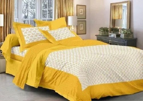 Cotton Fabric Yellow And Cream Printed Pattern Double Bedsheet 