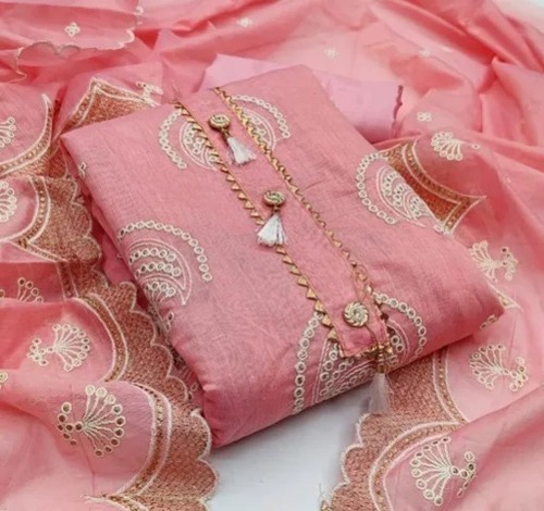 Light Pink Shade Comfortable And Washable Casual Wear Unstitched Ladies Cotton Suit - Cotton, Customized Size, Light Pink, Embroidered | Anti-Wrinkle, Breathable, Quick Dry, No Fade, Easy Wear