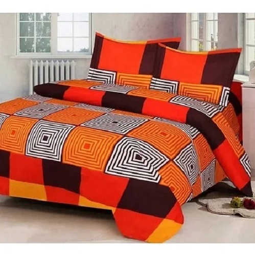 Orange And Brown Cotton Fabric Printed Pattern Double Bedsheet With Two Pillow Cover 