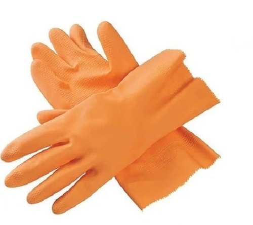 Orange Full Finger Plain Pattern Rubber Material Safety Hand Gloves