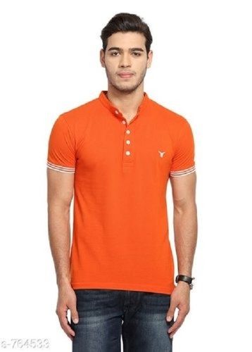 Orange Half Sleeve Round Neck Casual Wear Plain Pattern Cotton T Shirts