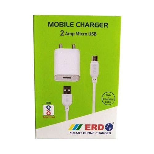 White Plastic Micro USB 2 Amp ERD Mobile Charger - 1 Meter Wire Length , Compatible with Smartphones and Tablets, Convenient Mini USB Cable Included