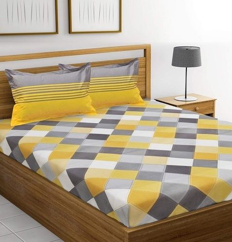 Yellow And Grey Printed Pattern King Size Cotton Bed Sheet With Two Pillow Cover