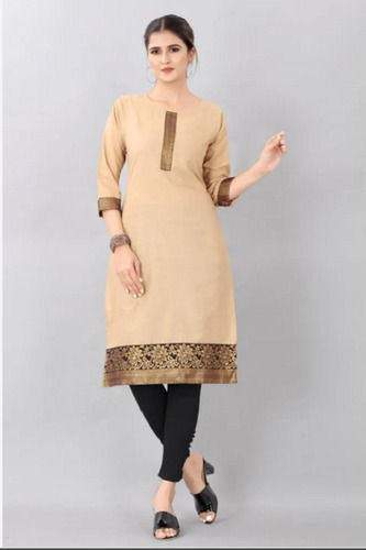 Comfortable And Washable Cream And Black Round Neck Casual Wear Ladies Cotton Kurtis