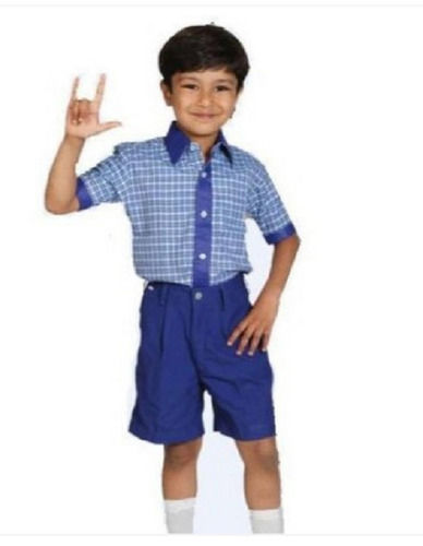 Easily Washable Blue Check Half Sleeves Cotton Fabric V Neck Boys School Uniform