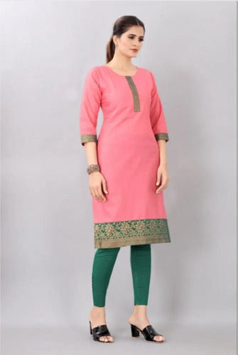 Green And Pink Full Sleeves Round Neck Party Wear Ladies Cotton Kurti