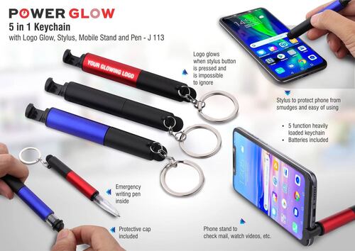 Stainless Steel J113 A   5 In 1 Keychain With Logo Glow, Stylus, Mobile Stand And Pen