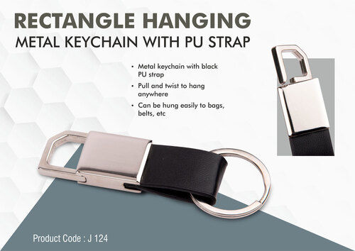 J124 A Rectangle Hanging Metal Keychain With Pu Strap