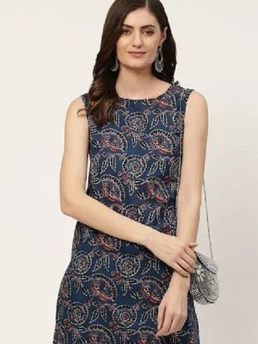 Eco-Friendly Dark Blue Printed Round Neck Sleeveless Casual Wear Comfortable Cotton Ladies Kurtis