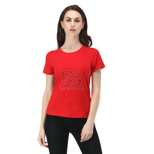 Short Sleeves O Neck Red Casual Wear Stone Work Ladies T Shirt