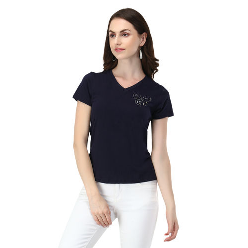 Short Sleeves V Neck Black Casual Wear Plain Ladies T Shirt