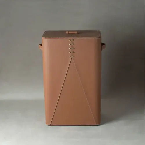 Brown Light Weight Rectangular Minimalistic Leather Laundry Basket 