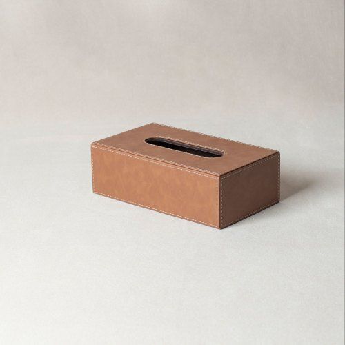 Brown Rectangular Light Weight Plain Leather Tissue Box Holder