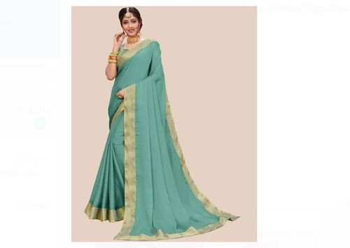 Party Wear Sea Green Plain Pattern With Blousewashable Designer Cotton Saree 