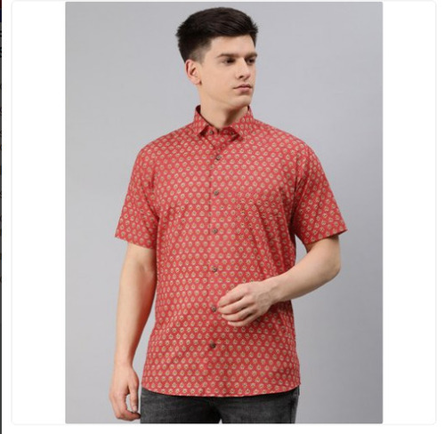 Daily Wear Half Sleeve Red And Golden Printed Pattern Washable Mens Cotton Shirt 