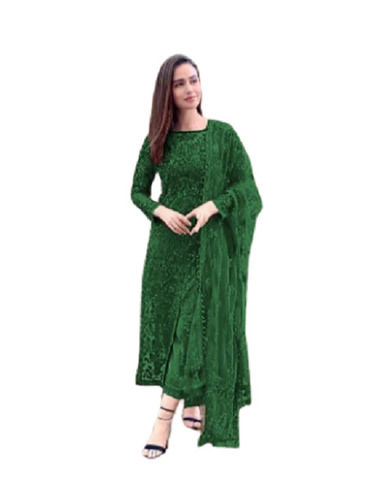 Green Full Sleeve Round Neck Party Wear Georgette Silk Designer Ladies Suit