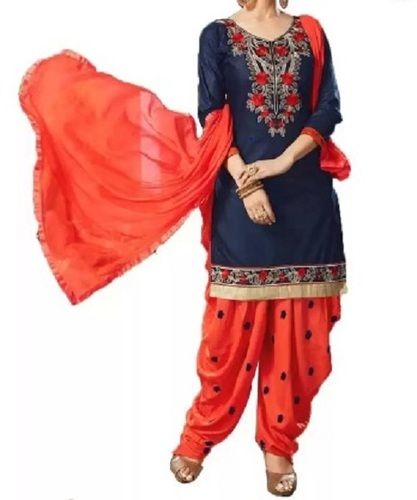 Orange And Blue Washable And Comfortable 3/4th Sleeves Ladies Cotton Suits