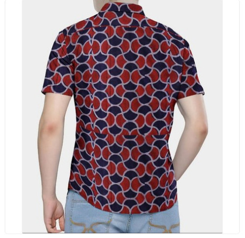 Party Wear Half Sleeve Red And Blue Printed Pattern Washable Men'S Cotton Shirt 