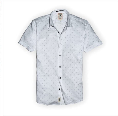 Party Wear Light In Weight Washable White And Grey Printed Pattern Half Sleeve Mens Cotton Shirt 