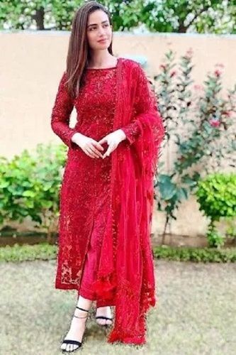 Red Full Sleeve Round Neck Party Wear Georgette Silk Designer Ladies Suit