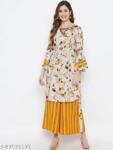 Yellow Printed Full Sleeve Round Neck Causal Wear Cotton Palazzo Suit