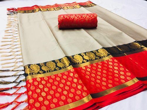 Attractive Look Red And White Combination Breathable Free Skin Friendly Pure Cotton Saree With Printed Blouse