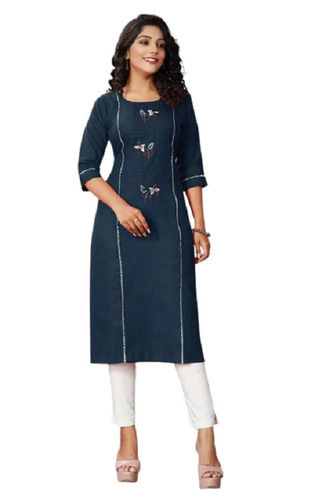 Comfortable White And Teal Blue Daily Wear Ladies Cotton Kurtis