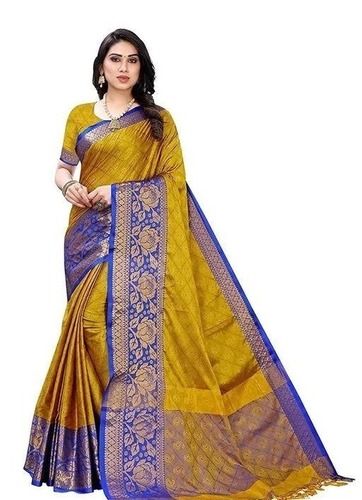 6.2 Meter Length Aura Flower Cotton Silk With Blouse Piece Wedding Yellow Saree