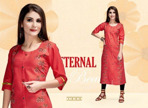 White Formal Wear Fashionable Red Color Round Neck Straight Kurti