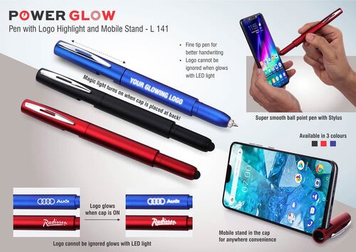 कॉटन L141 लोगो हाइलाइट और मोबाइल स्टैंड के साथ एक पॉवरग्लो पेन