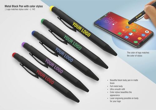 L142 a   Metal Black Pen With Color Stylus (Logo Matches Stylus Color)