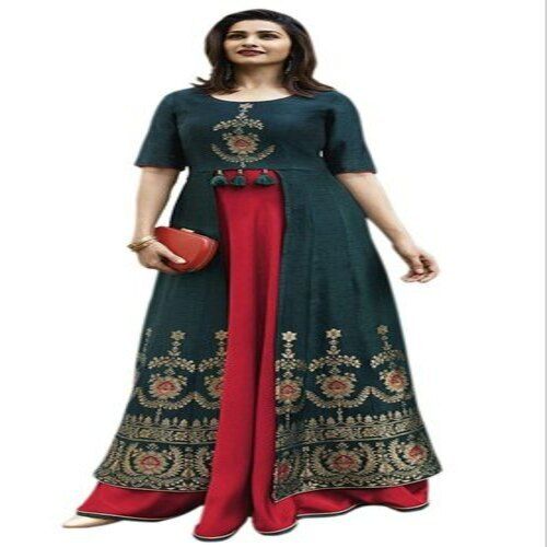 Stylish Green Color Round Neck Women's Printed Long Anarkali Kurti