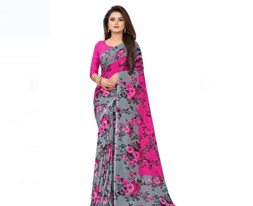 धोने योग्य और आरामदायक ग्रे और पिंक (गुलाबी) प्रिंटेड पैटर्न डिज़ाइनर कॉटन साड़ी