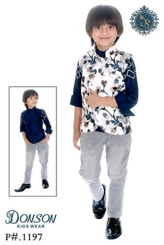 Boys Donson Baba Suit - Cotton Organza, Size L, White Blue and Grey with Sequins | Breathable, No Fade, Easily Washable, Modern Style