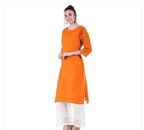 Brown Orange Plain Pattern Washable And Comfortable Ladies Cotton Kurti