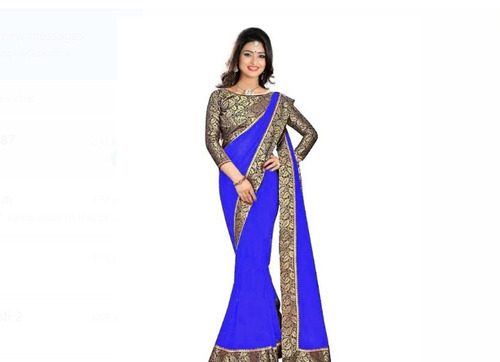 पार्टी वियर नीला और गोल्डन प्रिंटेड पैटर्न वॉशेबल और आरामदायक डिज़ाइनर कॉटन साड़ी