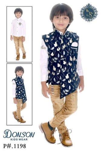 White Blue And Brown Printed Boys Donson Cotton Baba Suit